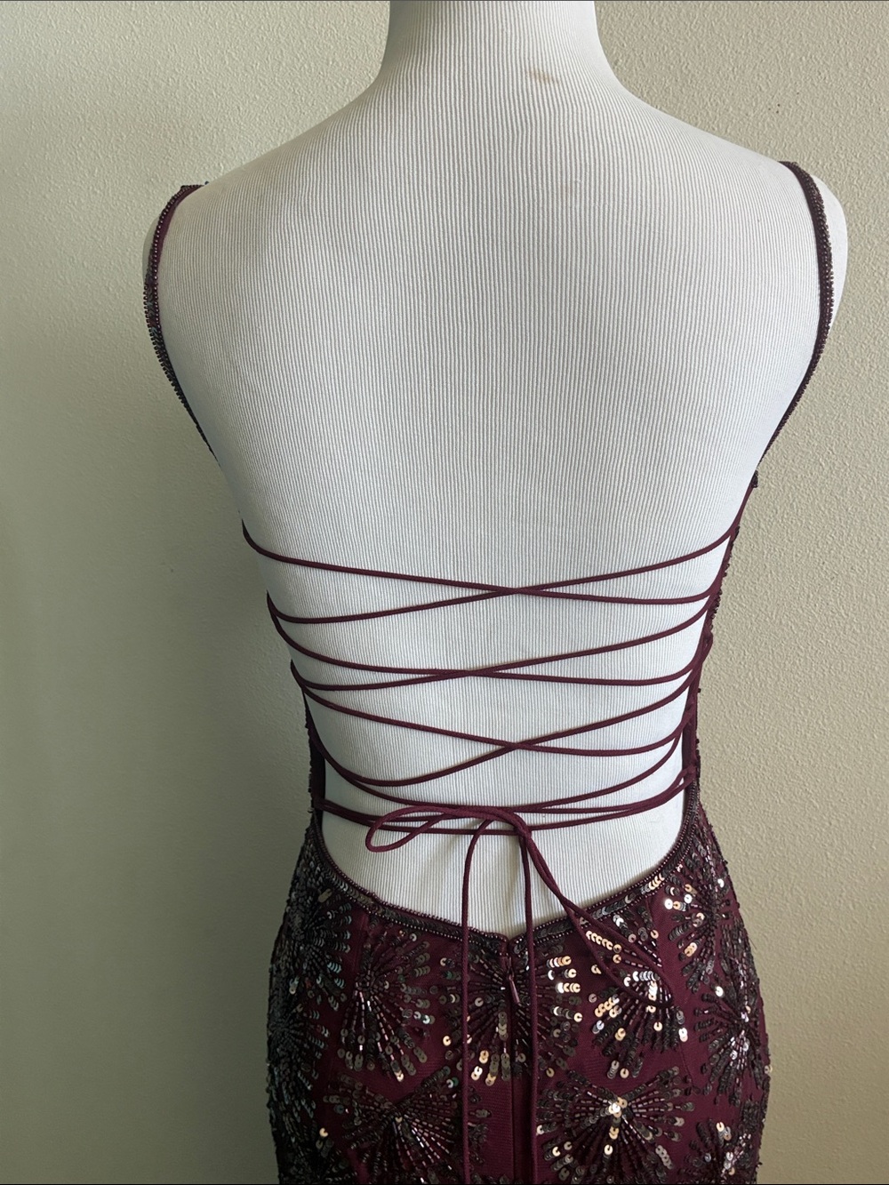 NWOT Rachel Allan Burgundy Sequin Spaghetti-Strap Prom Gown 4 - Picture 3 of 7